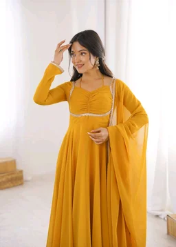 Women’s Chanderi Anarkali Suit Set with Dupatta | Elegant Festive Ethnic Outfit - XXL, Gold