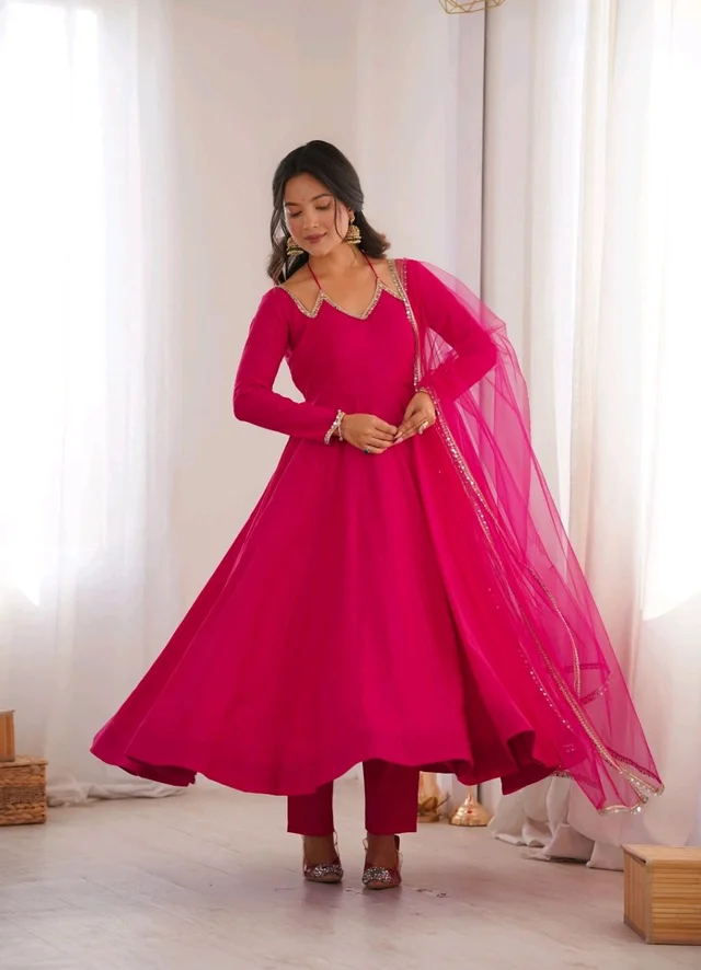 Women’s Chanderi Anarkali Suit Set with Dupatta | Elegant Festive Ethnic Outfit - XXL, Cerise Red