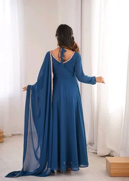 Women’s Chanderi Anarkali Suit Set with Dupatta | Elegant Festive Ethnic Outfit - XS, Dark Gry Blue