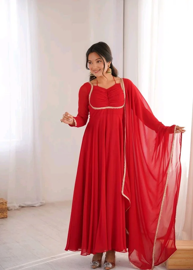 Women’s Chanderi Anarkali Suit Set with Dupatta | Elegant Festive Ethnic Outfit - XS, Red