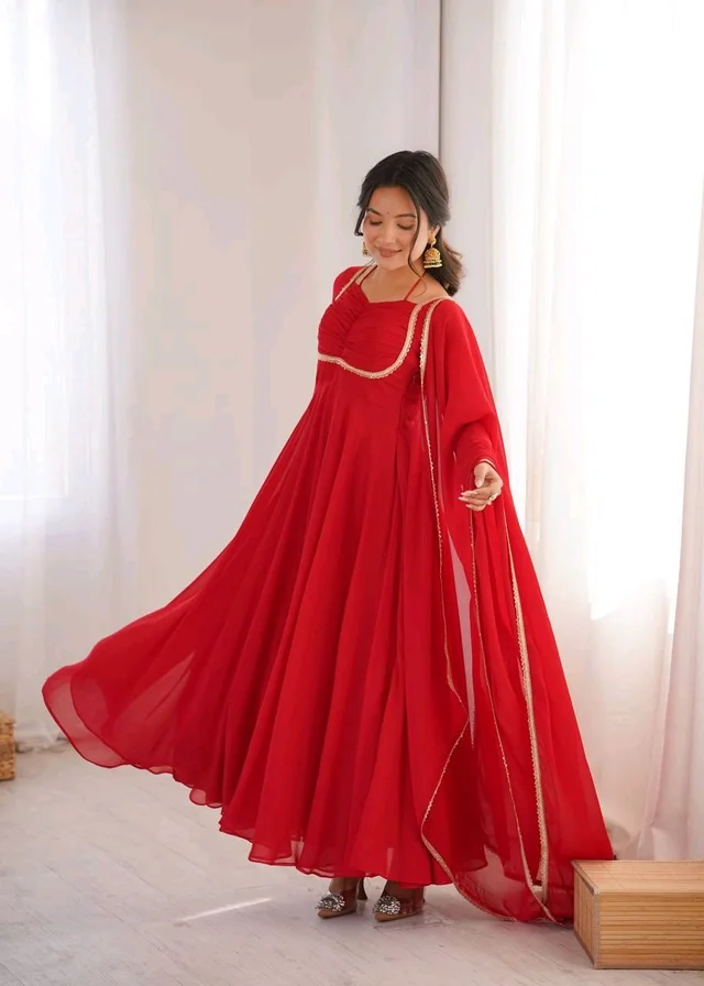 Women’s Chanderi Anarkali Suit Set with Dupatta | Elegant Festive Ethnic Outfit - XS, Red