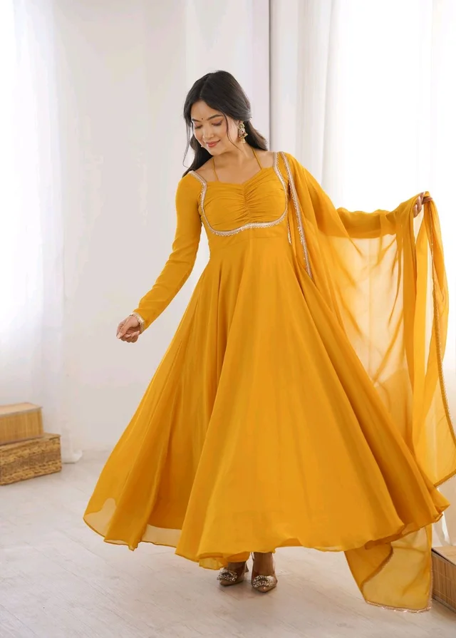 Women’s Chanderi Anarkali Suit Set with Dupatta | Elegant Festive Ethnic Outfit - XS, Gold