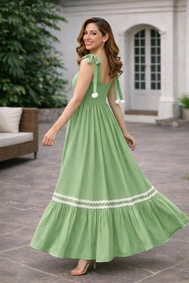 Women's Solid V-Neck A-Line Maxi Western Dress for Women | Sleeveless Party Outfit Midi Dress - L, Green