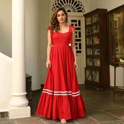 Women's Solid V-Neck A-Line Maxi Western Dress for Women | Sleeveless Party Outfit Midi Dress - L, Red