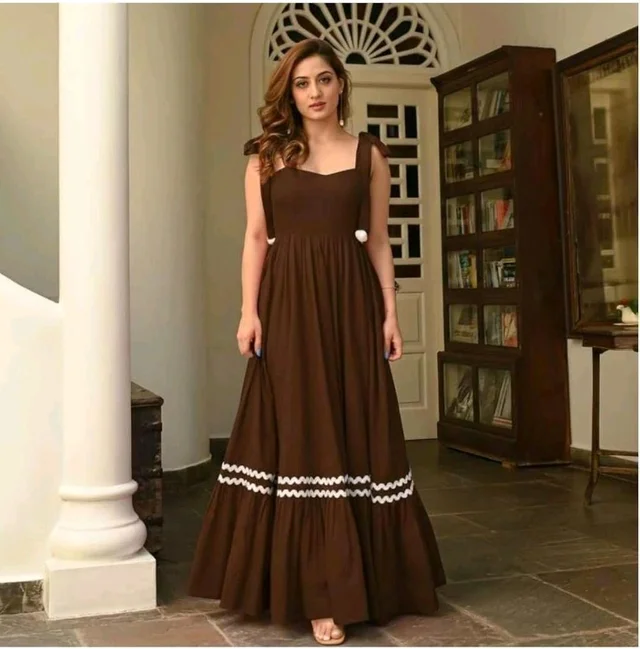 Women's Solid V-Neck A-Line Maxi Western Dress for Women | Sleeveless Party Outfit Midi Dress - L, Brown