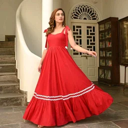 Women's Solid V-Neck A-Line Maxi Western Dress for Women | Sleeveless Party Outfit Midi Dress - M, Red