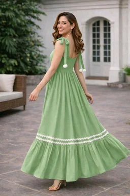 Women's Solid V-Neck A-Line Maxi Western Dress for Women | Sleeveless Party Outfit Midi Dress - S, Green