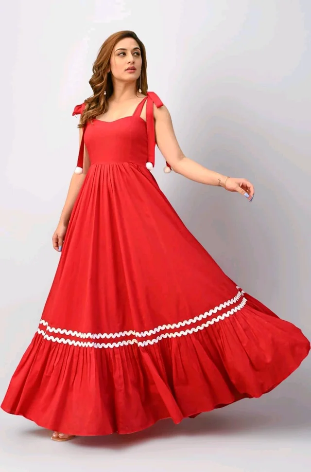 Women's Solid V-Neck A-Line Maxi Western Dress for Women | Sleeveless Party Outfit Midi Dress - S, Red