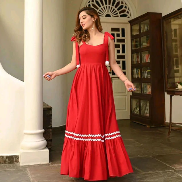 Women's Solid V-Neck A-Line Maxi Western Dress for Women | Sleeveless Party Outfit Midi Dress - S, Red