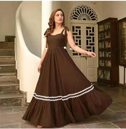 Women's Solid V-Neck A-Line Maxi Western Dress for Women | Sleeveless Party Outfit Midi Dress - S, Brown