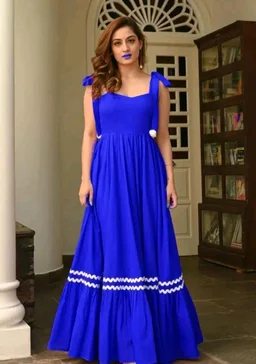 Women's Solid V-Neck A-Line Maxi Western Dress for Women | Sleeveless Party Outfit Midi Dress - S, Blue