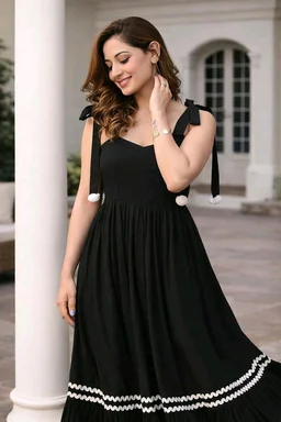 Women's Solid V-Neck A-Line Maxi Western Dress for Women | Sleeveless Party Outfit Midi Dress - XL, Black