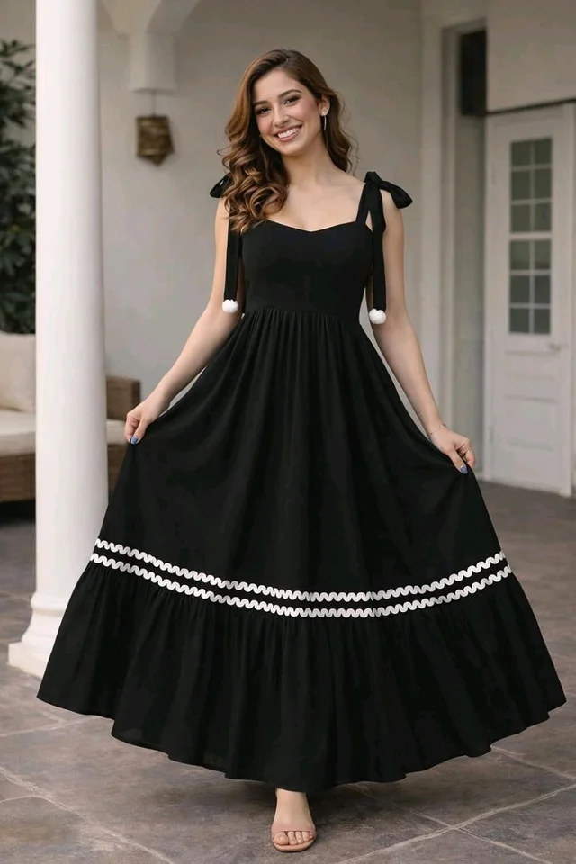 Women's Solid V-Neck A-Line Maxi Western Dress for Women | Sleeveless Party Outfit Midi Dress - XL, Black