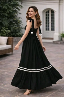 Women's Solid V-Neck A-Line Maxi Western Dress for Women | Sleeveless Party Outfit Midi Dress - XL, Black