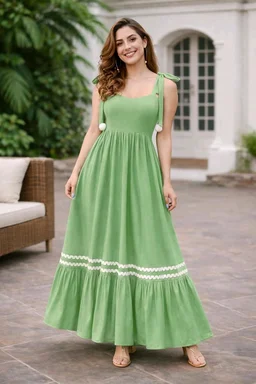 Women's Solid V-Neck A-Line Maxi Western Dress for Women | Sleeveless Party Outfit Midi Dress - XL, Green