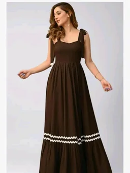 Women's Solid V-Neck A-Line Maxi Western Dress for Women | Sleeveless Party Outfit Midi Dress - XL, Brown