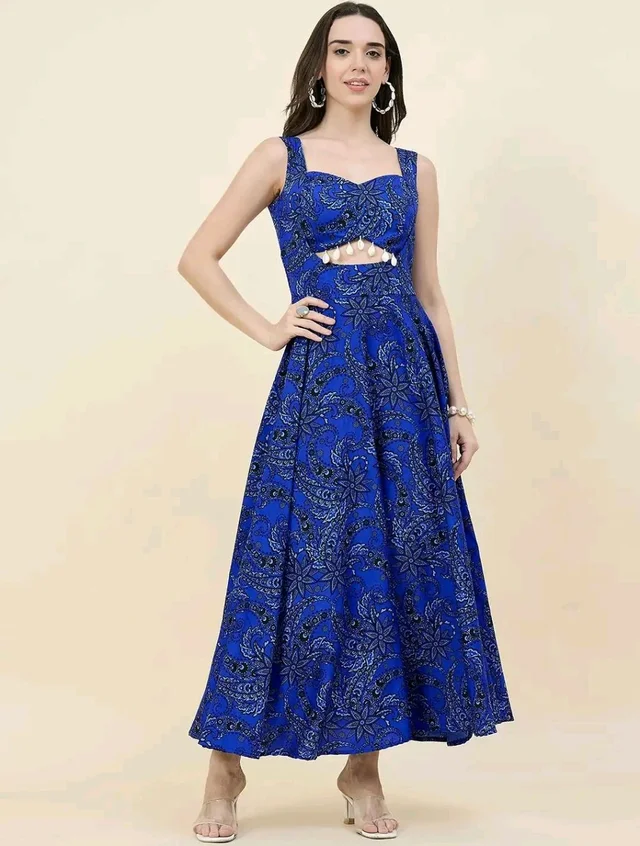 Women Ethnic Motifs Printed Cut-Outs Crepe Fit & Flare Dress - L, Blue