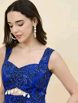 Women Ethnic Motifs Printed Cut-Outs Crepe Fit & Flare Dress - L, Blue