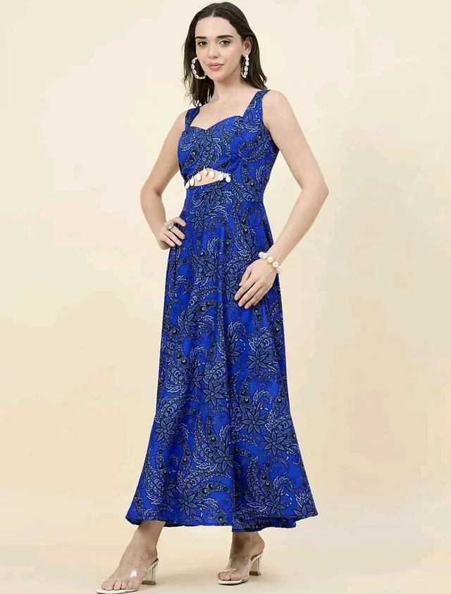 Women Ethnic Motifs Printed Cut-Outs Crepe Fit & Flare Dress - L, Blue