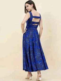 Women Ethnic Motifs Printed Cut-Outs Crepe Fit & Flare Dress - L, Blue