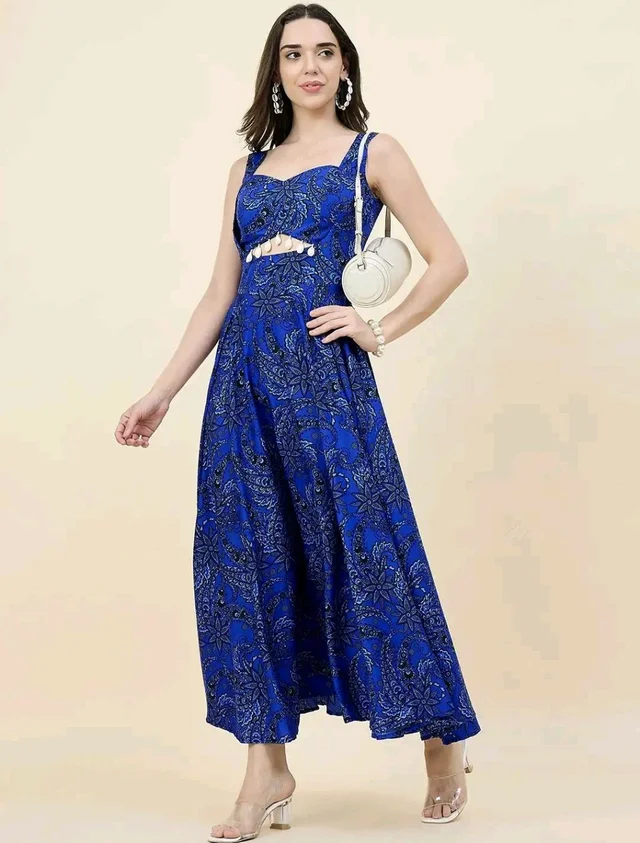 Women Ethnic Motifs Printed Cut-Outs Crepe Fit & Flare Dress - L, Blue