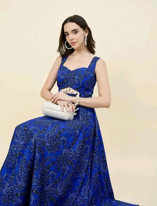 Women Ethnic Motifs Printed Cut-Outs Crepe Fit & Flare Dress - L, Blue