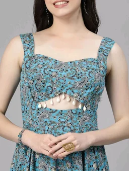 Women Ethnic Motifs Printed Cut-Outs Crepe Fit & Flare Dress - L, Nevy Blue