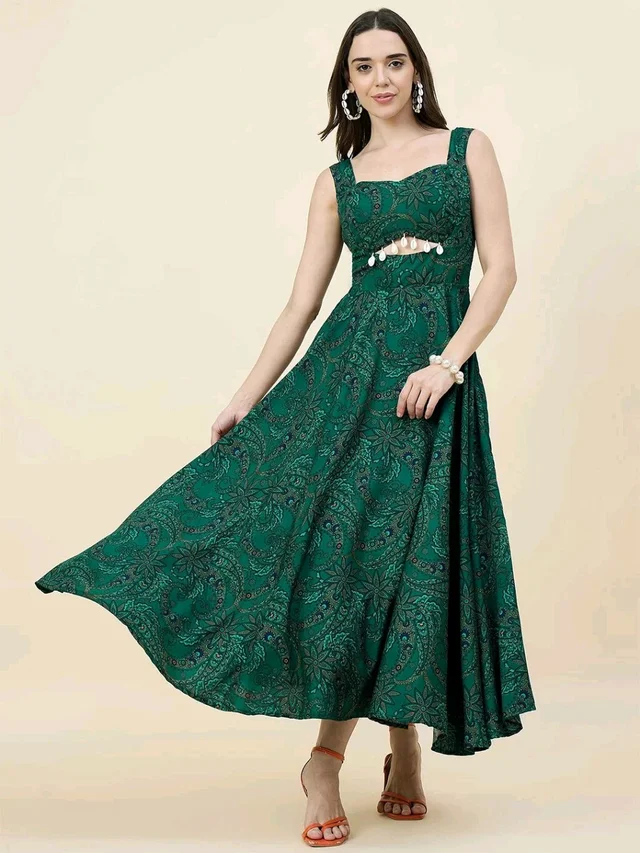 Women Ethnic Motifs Printed Cut-Outs Crepe Fit & Flare Dress - L, Dark Green