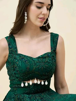 Women Ethnic Motifs Printed Cut-Outs Crepe Fit & Flare Dress - L, Dark Green