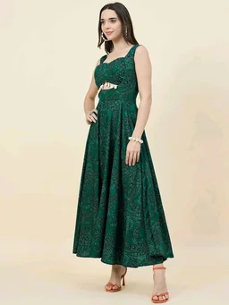 Women Ethnic Motifs Printed Cut-Outs Crepe Fit & Flare Dress - L, Dark Green