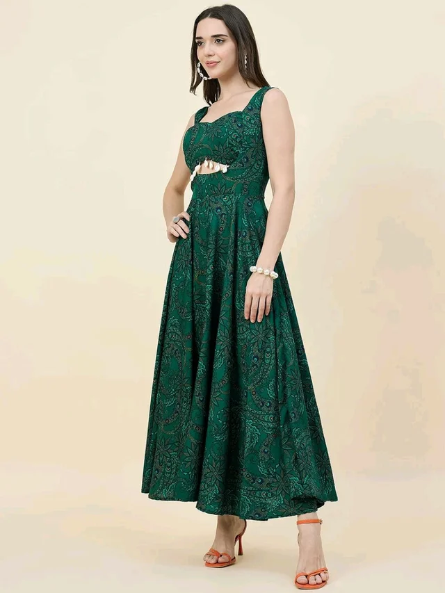 Women Ethnic Motifs Printed Cut-Outs Crepe Fit & Flare Dress - L, Dark Green