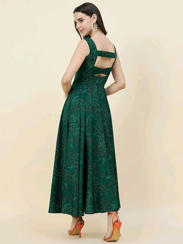 Women Ethnic Motifs Printed Cut-Outs Crepe Fit & Flare Dress - L, Dark Green