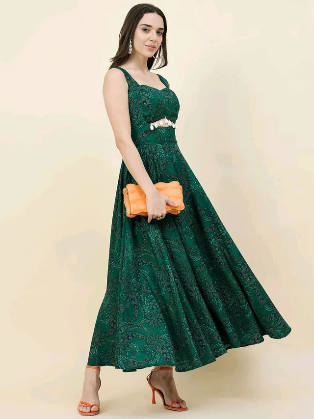 Women Ethnic Motifs Printed Cut-Outs Crepe Fit & Flare Dress - L, Dark Green