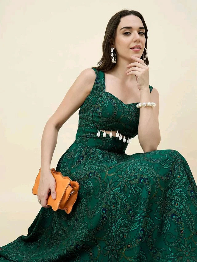 Women Ethnic Motifs Printed Cut-Outs Crepe Fit & Flare Dress - L, Dark Green