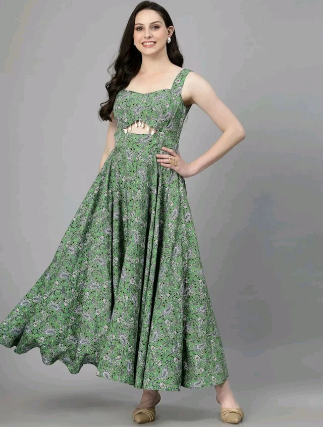 Women Ethnic Motifs Printed Cut-Outs Crepe Fit & Flare Dress - M, Green