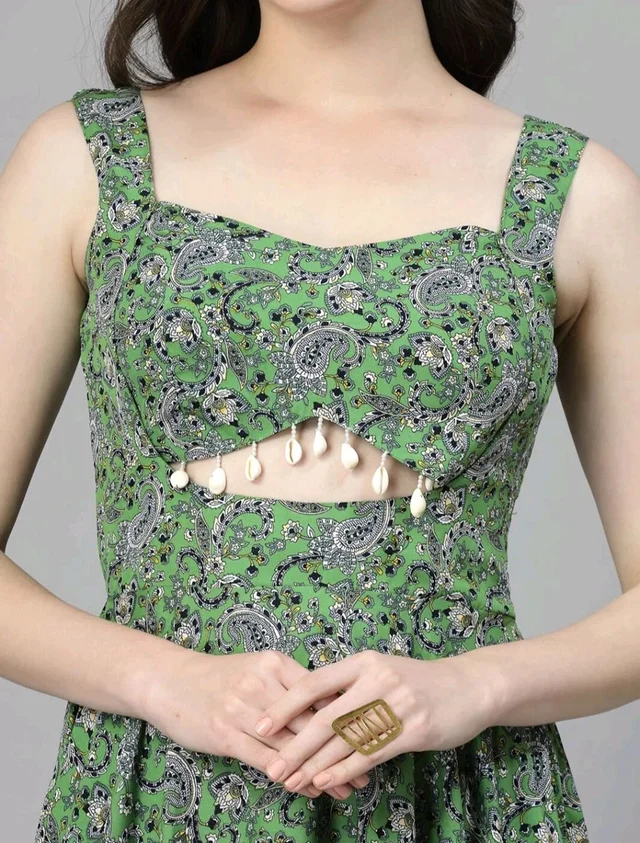 Women Ethnic Motifs Printed Cut-Outs Crepe Fit & Flare Dress - M, Green