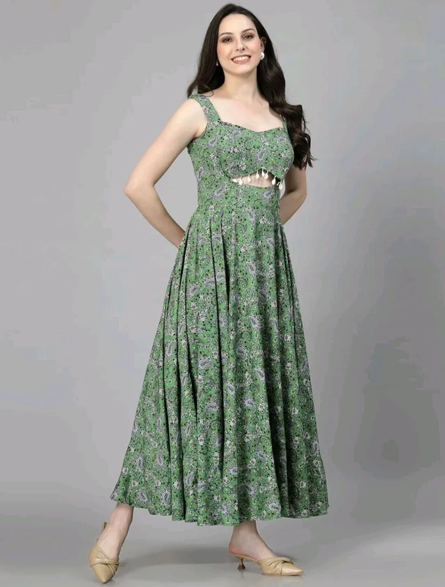 Women Ethnic Motifs Printed Cut-Outs Crepe Fit & Flare Dress - M, Green