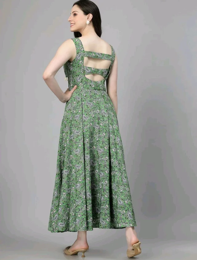Women Ethnic Motifs Printed Cut-Outs Crepe Fit & Flare Dress - M, Green
