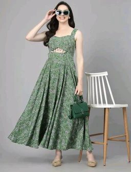 Women Ethnic Motifs Printed Cut-Outs Crepe Fit & Flare Dress - M, Green