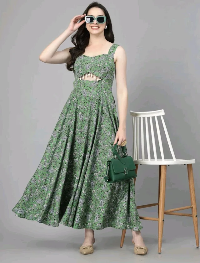 Women Ethnic Motifs Printed Cut-Outs Crepe Fit & Flare Dress - M, Green