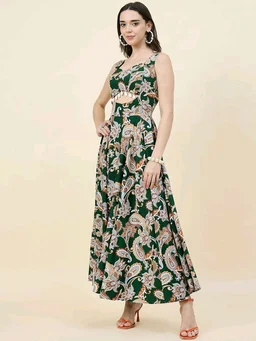 Women Ethnic Motifs Printed Cut-Outs Crepe Fit & Flare Dress - M, Bottle Green