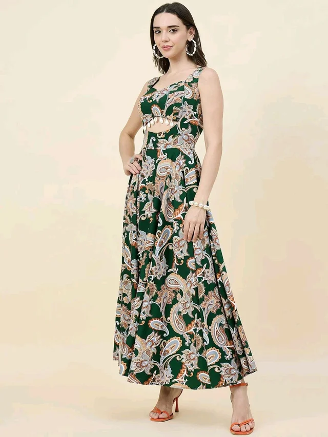 Women Ethnic Motifs Printed Cut-Outs Crepe Fit & Flare Dress - M, Bottle Green
