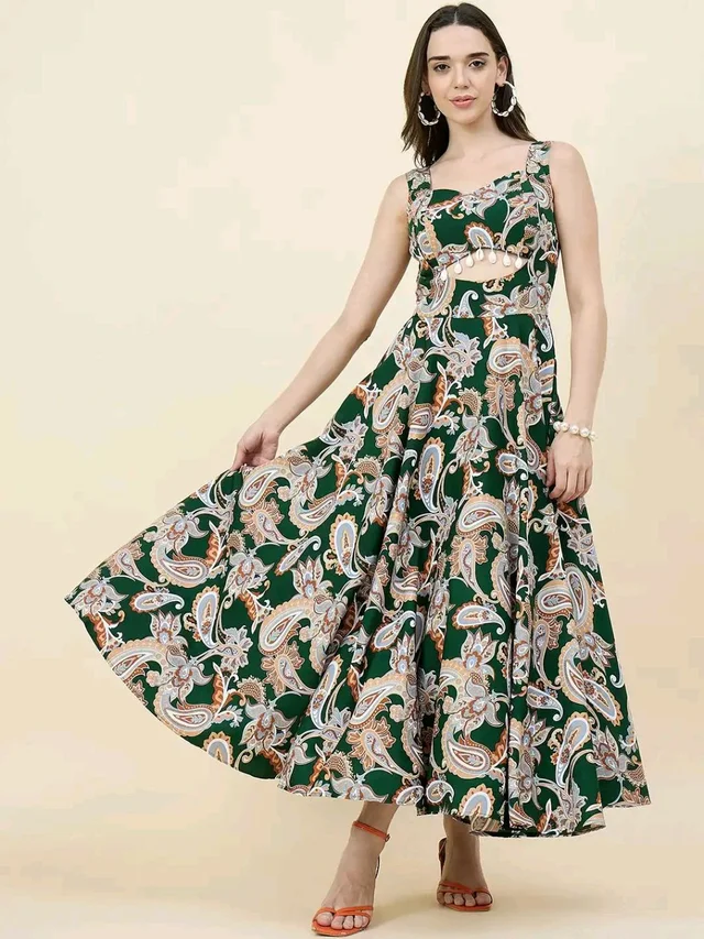 Women Ethnic Motifs Printed Cut-Outs Crepe Fit & Flare Dress - M, Bottle Green