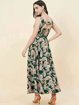 Women Ethnic Motifs Printed Cut-Outs Crepe Fit & Flare Dress - M, Bottle Green