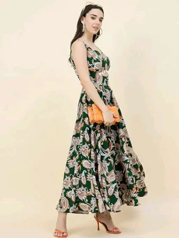 Women Ethnic Motifs Printed Cut-Outs Crepe Fit & Flare Dress - M, Bottle Green