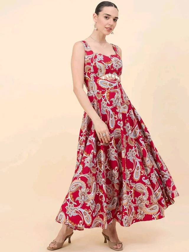 Women Ethnic Motifs Printed Cut-Outs Crepe Fit & Flare Dress - S, Shiraz