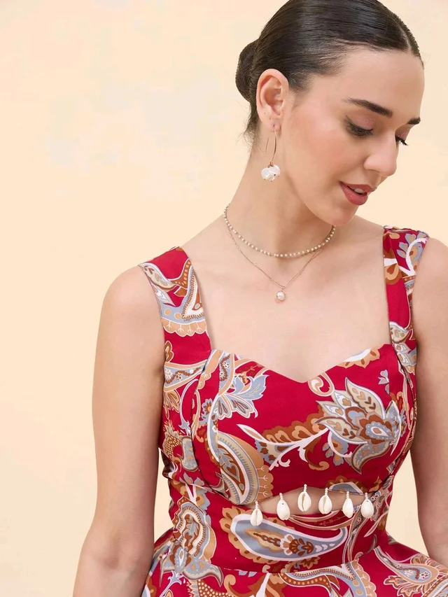 Women Ethnic Motifs Printed Cut-Outs Crepe Fit & Flare Dress - S, Shiraz