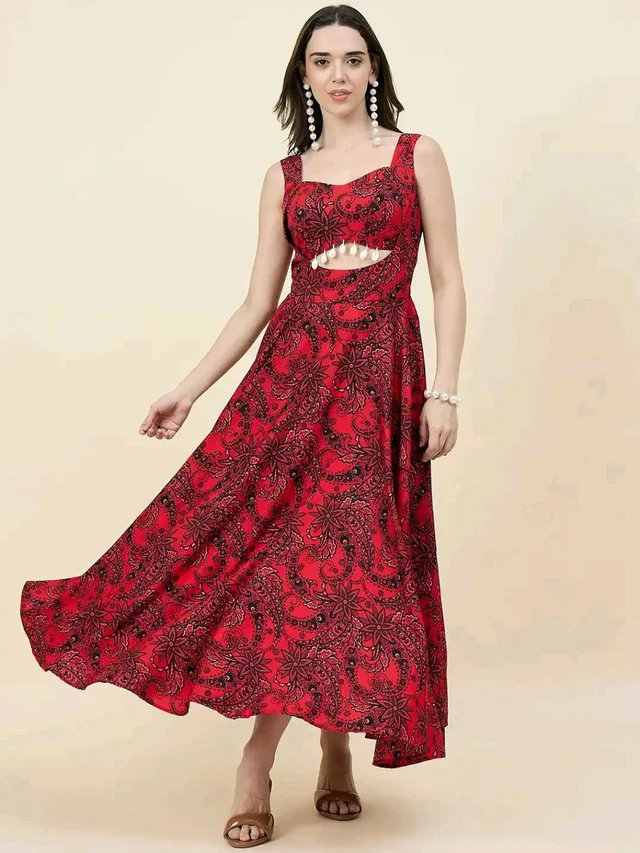 Women Ethnic Motifs Printed Cut-Outs Crepe Fit & Flare Dress - XL, Red