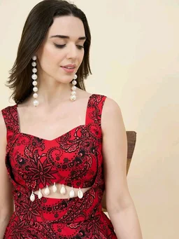 Women Ethnic Motifs Printed Cut-Outs Crepe Fit & Flare Dress - XL, Red