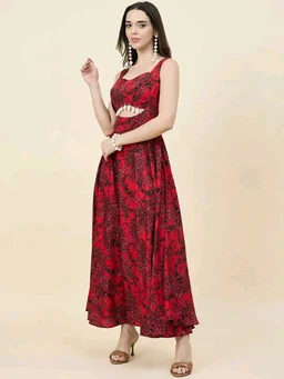 Women Ethnic Motifs Printed Cut-Outs Crepe Fit & Flare Dress - XL, Red